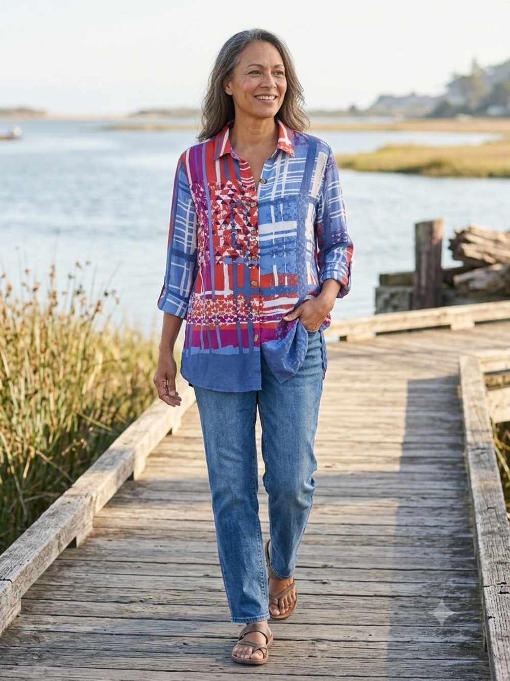 MULTIPLES Abstract Patchwork Tunic Top Oversized Relaxed Fit Casual Boho | Small